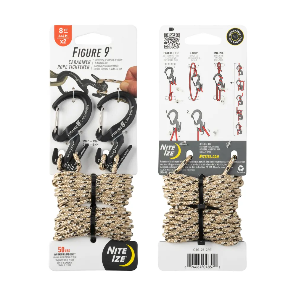 C9S-25-2R3 Nite Ize Figure 9® Carabiner Rope Tightener - Small - 2 Pack with Rope - Black